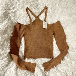 Pretty cute Brown ribbed knit halter Off-Shoulder long sleeve Top